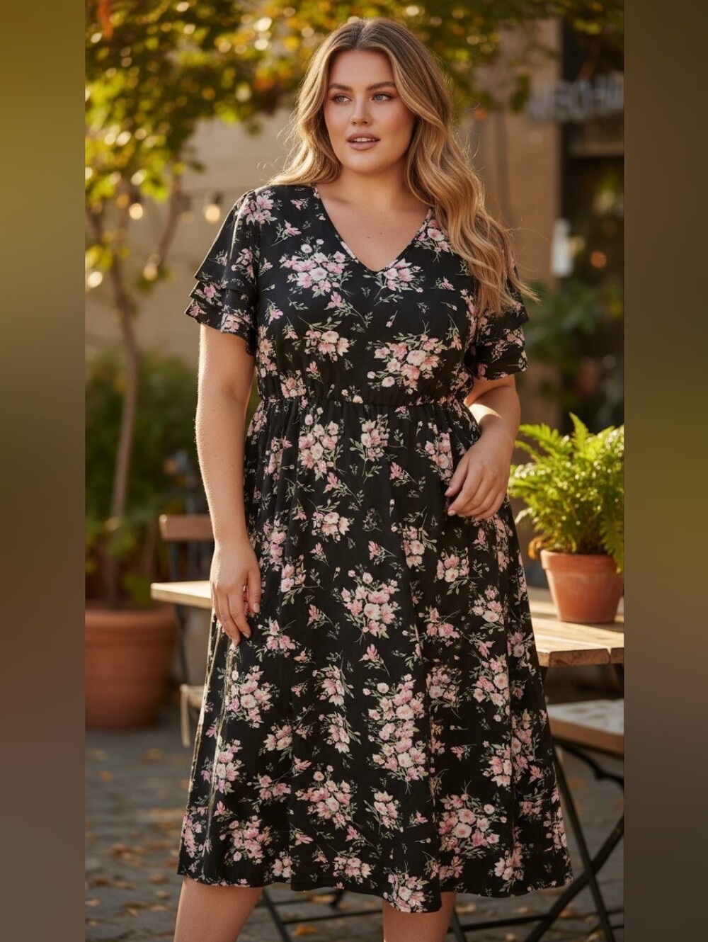 BloomChic Black Maxi Dress with Pink Floral Print